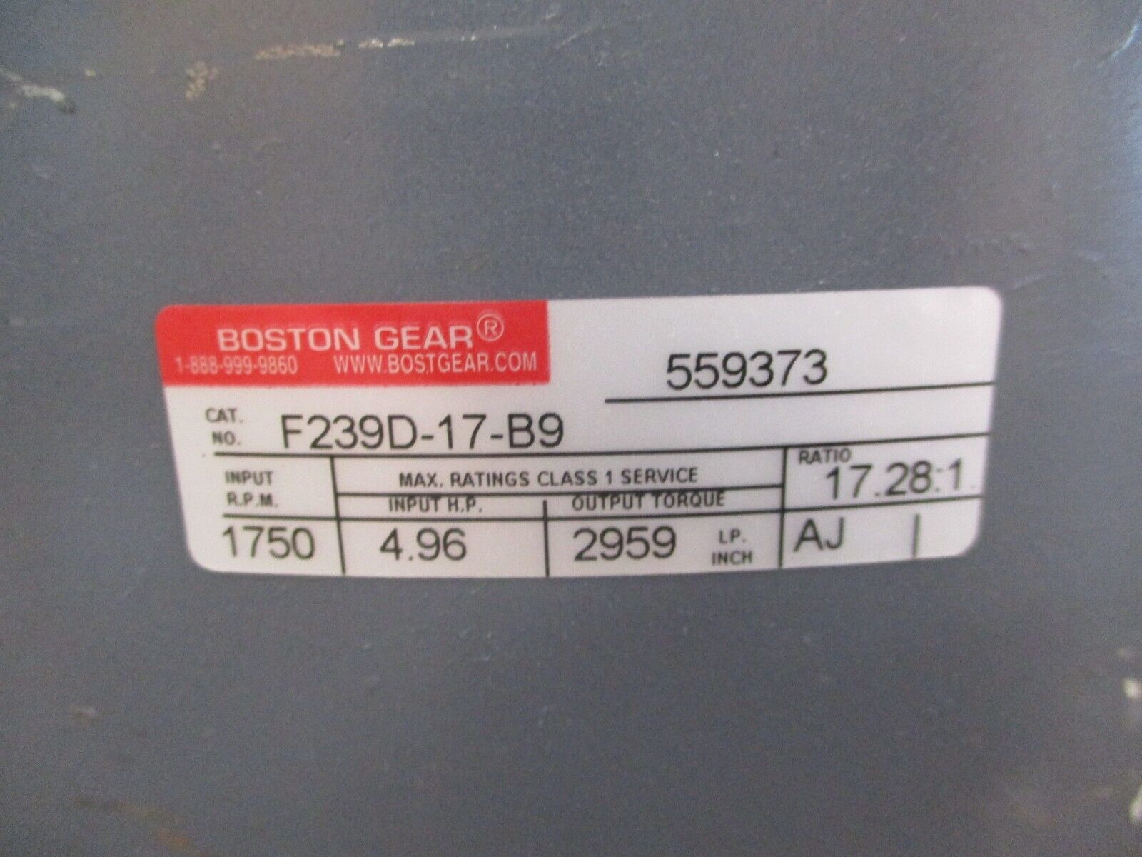 Boston Gear Helical Reducer F239D-17-B9 4.96HP In, 1750RPM In Ratio 17.28:1 Used