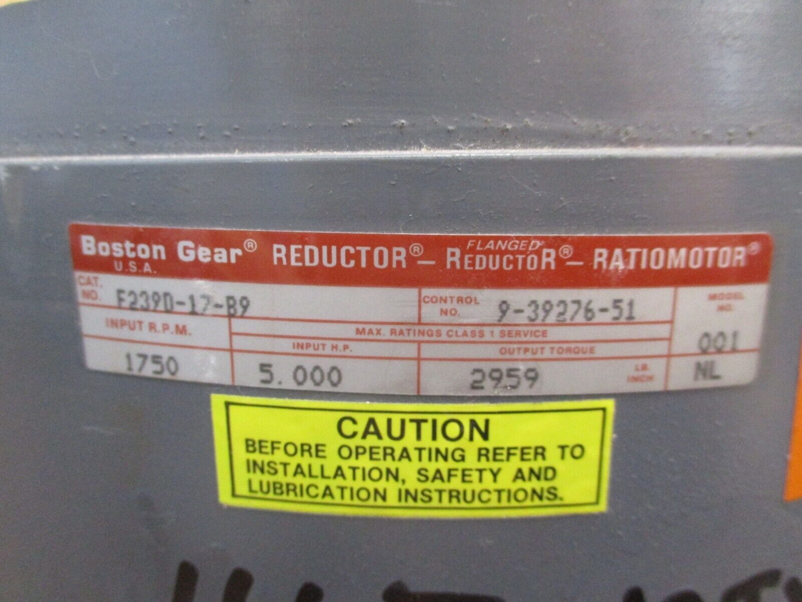 Boston Gear Reductor Ratiomotor Helical Reducer F239D-17-B9 5HP 1750RPM In Used