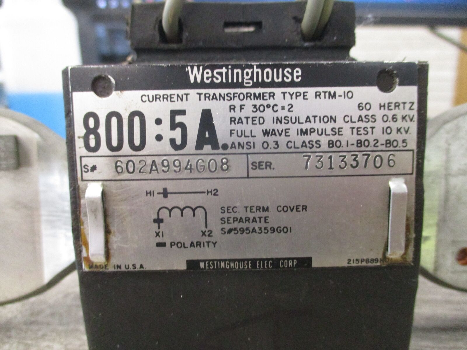 Westinghouse Type RTM-10 Current Transformer 602A994G08 Ratio 800:5A 600V 60Hz 1