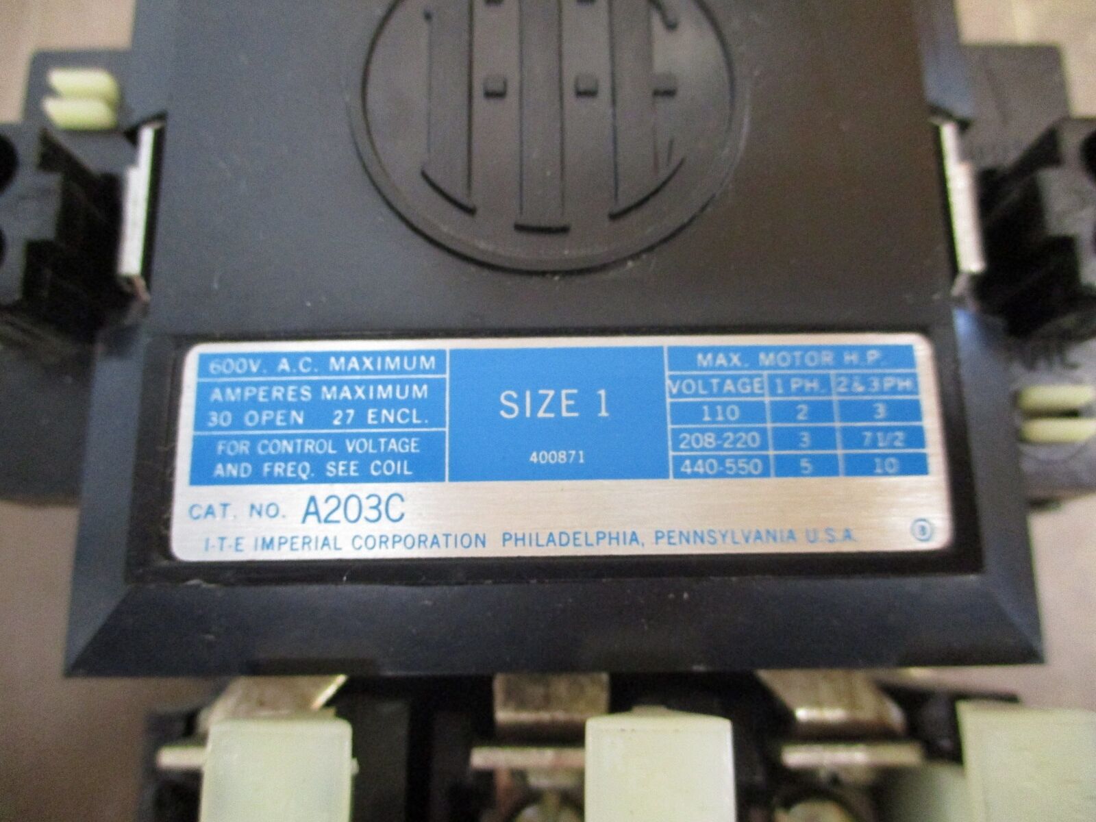 ITE Size 1 Starter A203C 120V Coil 30A 600V Used