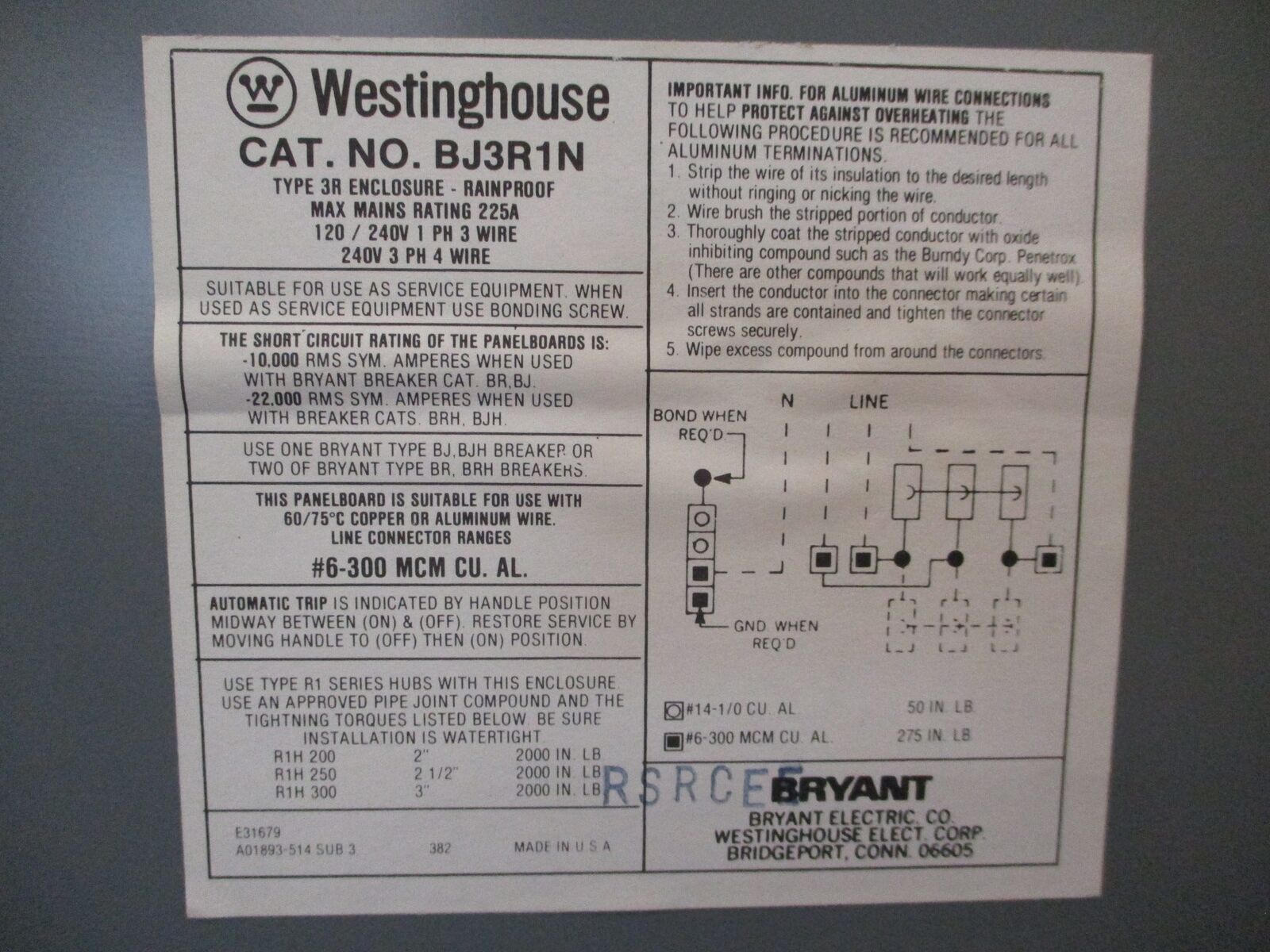 Bryant 3R Main Lug Load Center BJ3R1N 225A 120/208/240VAC 3Ph 4W New Surplus
