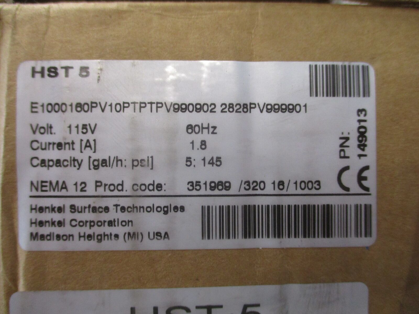 Henkel HST 5 Pump E1000160PV10PTPTPV9909022828PV999901 5GPH 145 PSI 115V 60Hz 1.