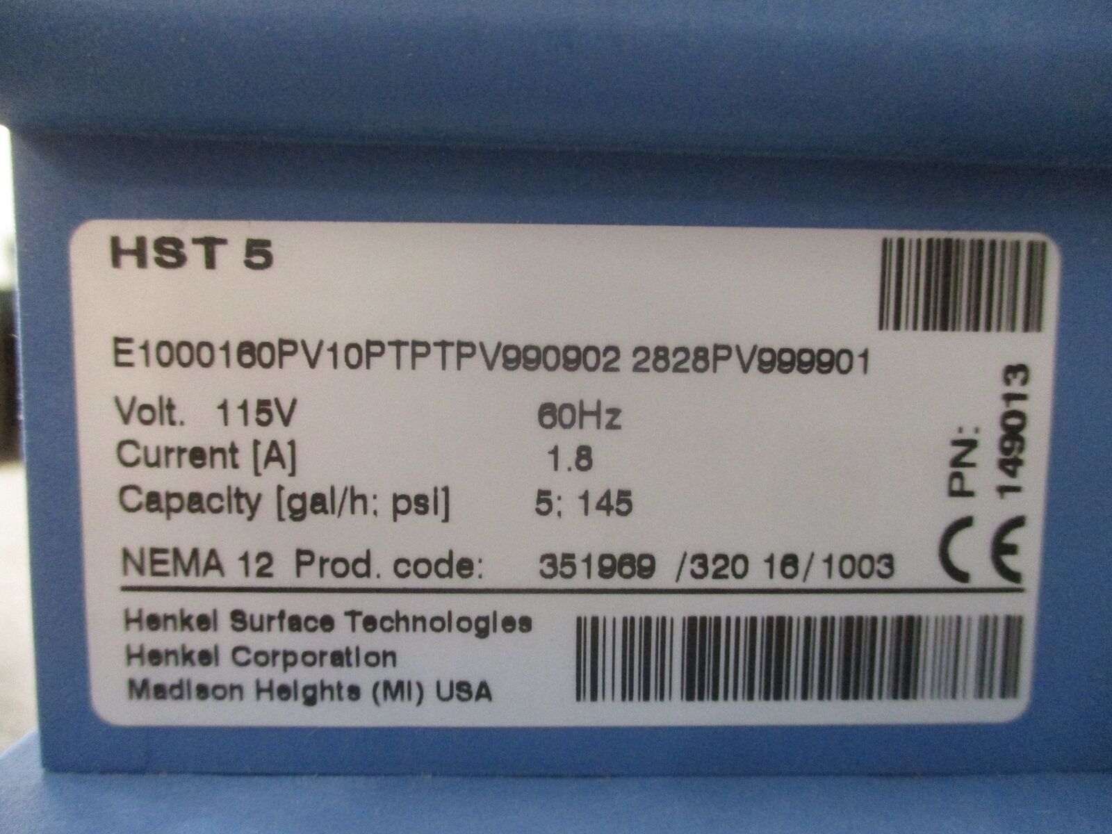 Henkel HST 5 Pump E1000160PV10PTPTPV9909022828PV999901 5GPH 145 PSI 115V 60Hz 1.