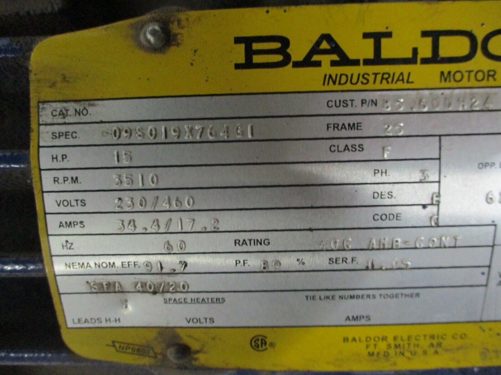 Baldor AC Motor 09S019X764G1 15HP 3600RPM FR:25 230/460V 34.4/17.2A 3Ph Used
