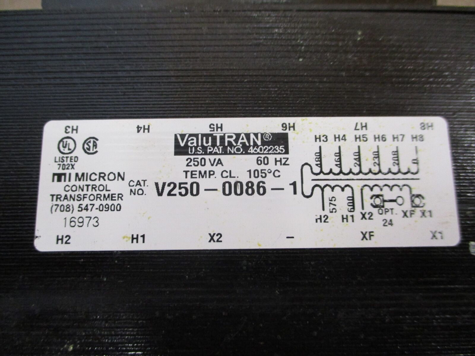 Micron ValuTRAN Control Transformer V250-0086-1 250VA Pri: 208-480V 60Hz Used
