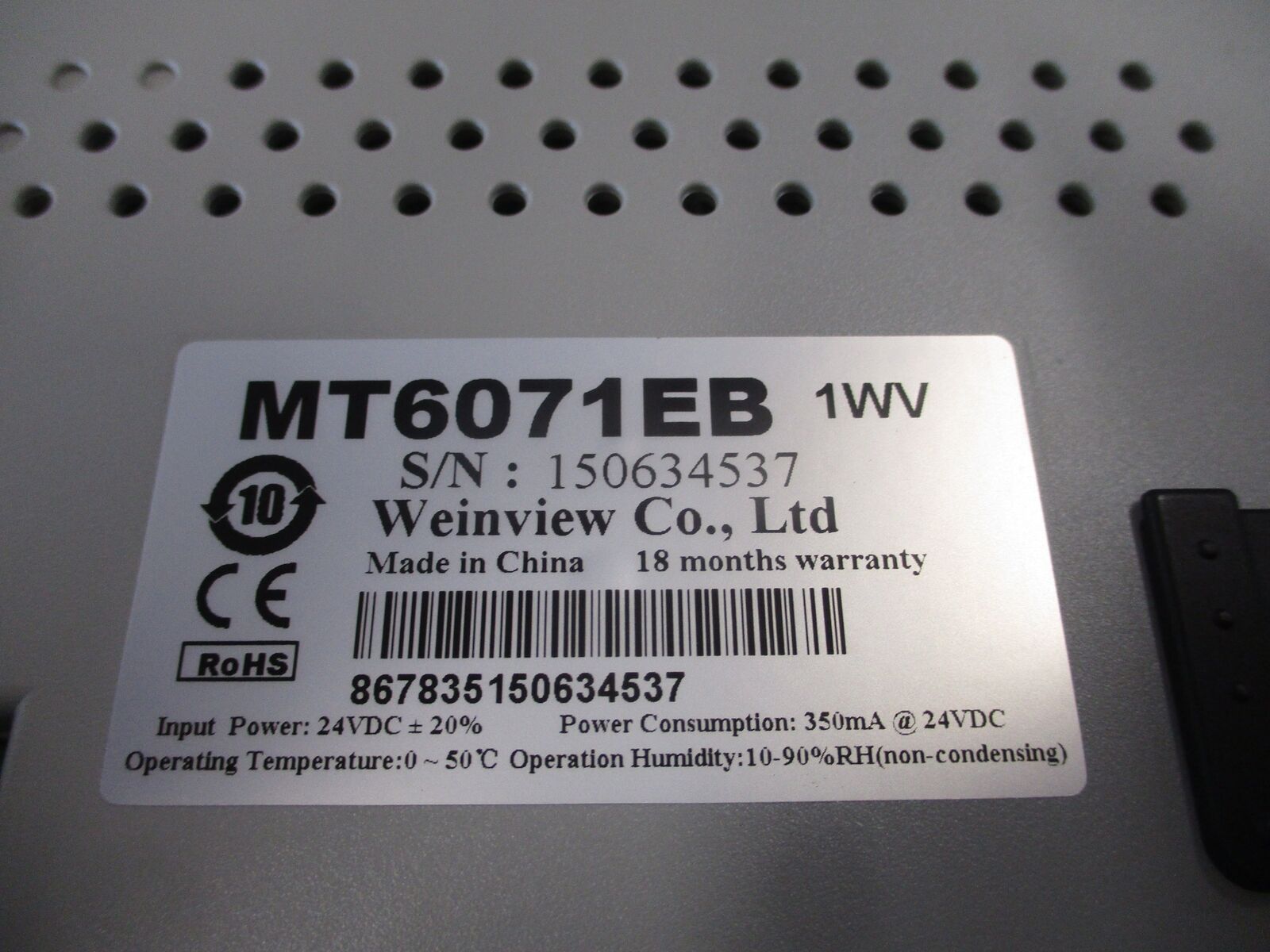 Weinview Touch Screen HMI MT6071EB 24VDC 350mA Used