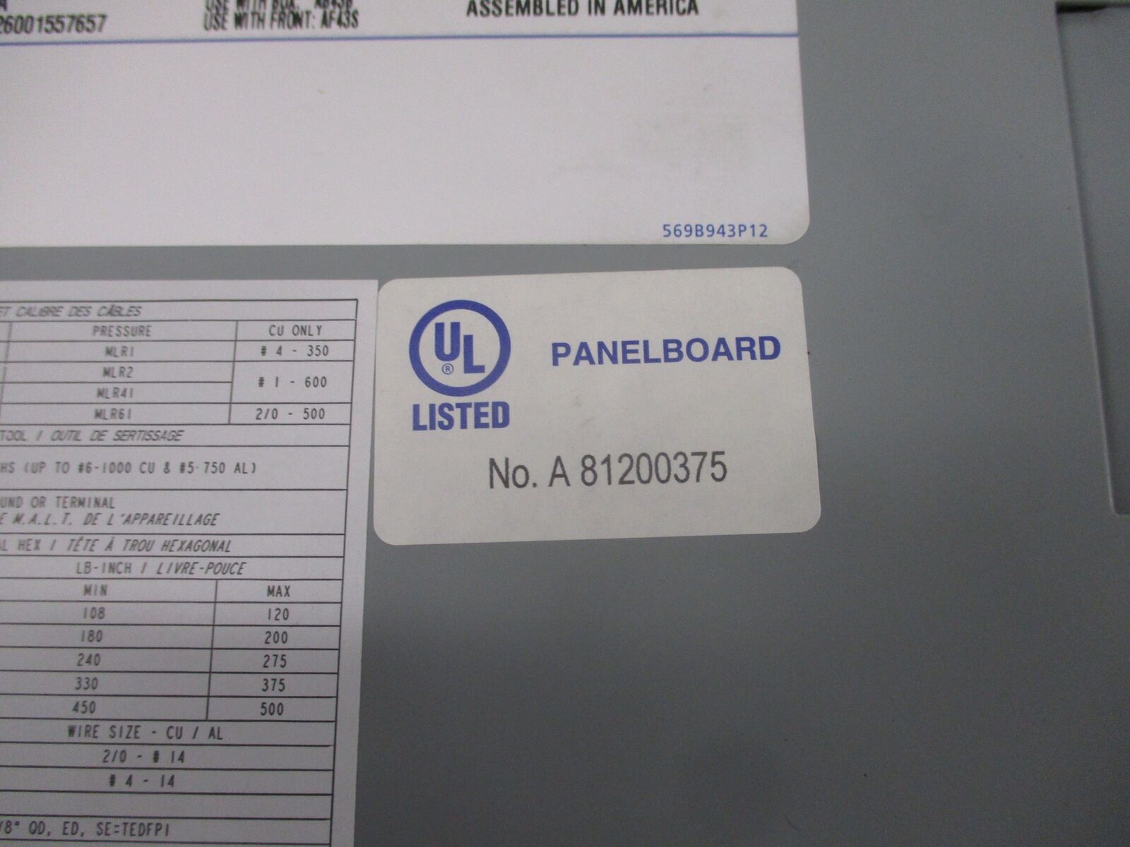 GE A-Series II Panelboard Interior AEF 3422MB 225A 480/277V 3P 4W New Surplus