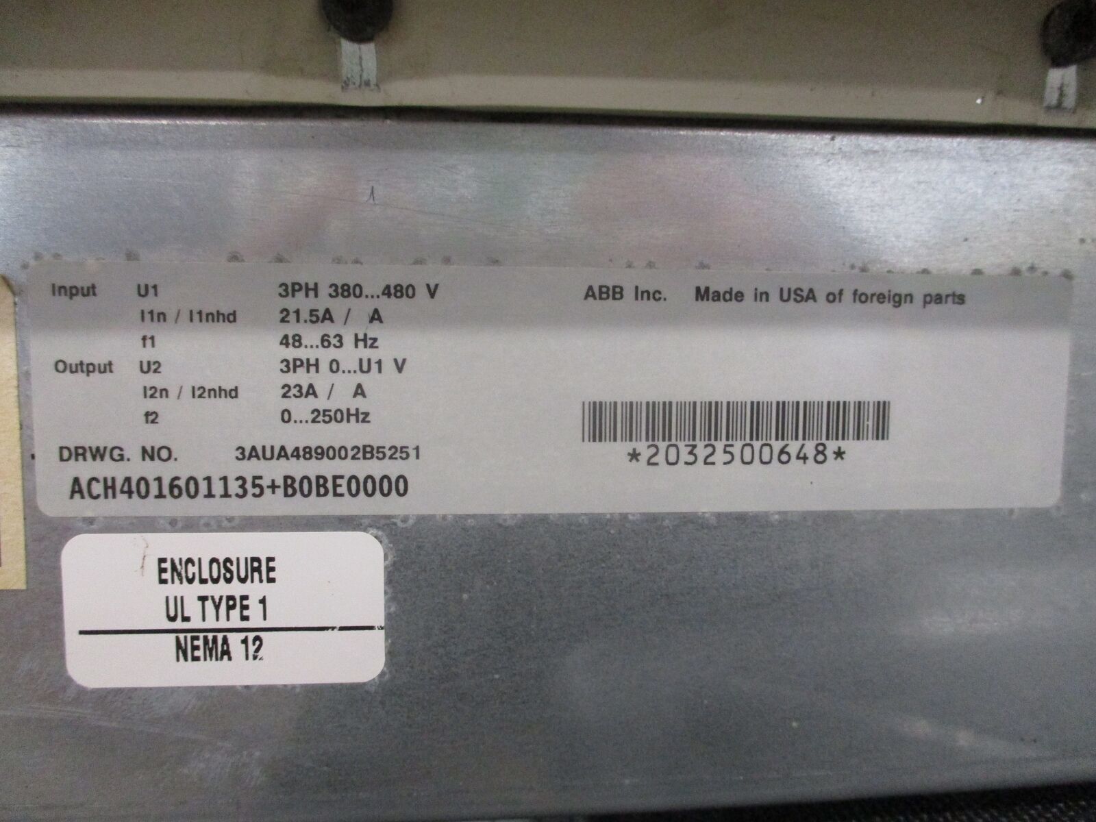 ABB ACH401 AC Drive W/Bypass ACH401601135+B0BE000 15HP 9Ph Input:3PH 380-480V 21