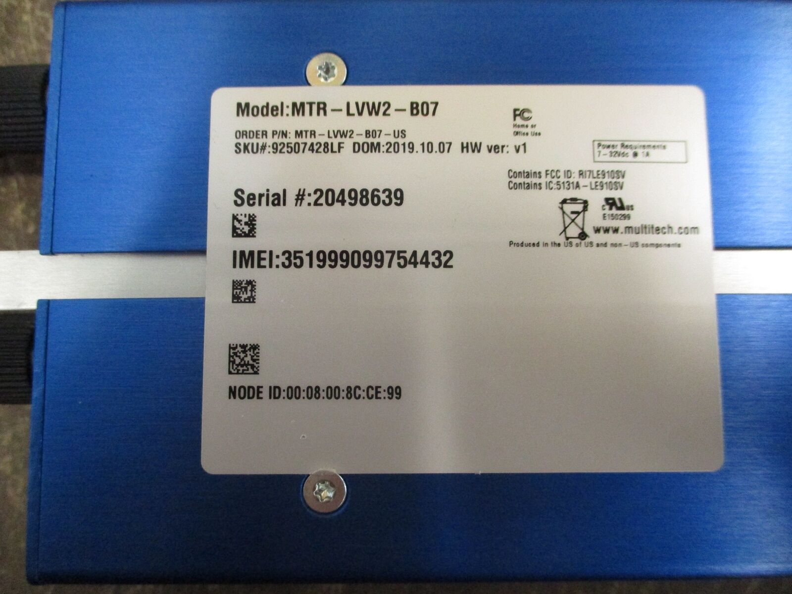 Multitech Multiconnect rCell Cellular to Ethernet Bridge MTR-LVW2-B07 HW Ver. V1