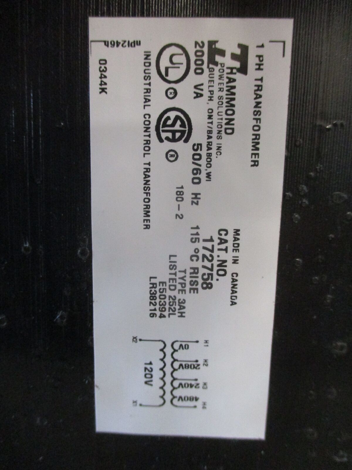 Hammond Control Transformer 172758 2000VA Pri: 208/240/480V Sec: 120V 50/60Hz 1P