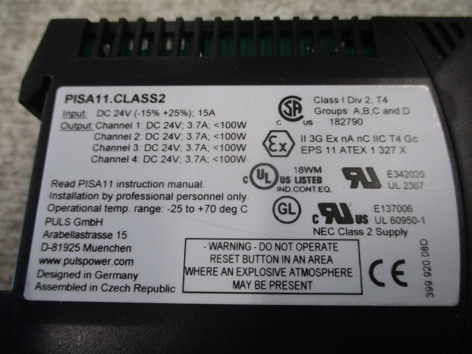Puls Protection Module PISA11. CLASS2 Input: 24VDC / 15A Output: 24VDC 3.7A Used