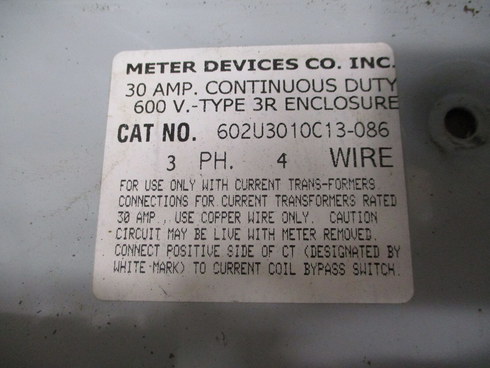 Meter Device Co. 3R Meter Socket 602U3010C13-086 30A 600V 3Ph 4W Used