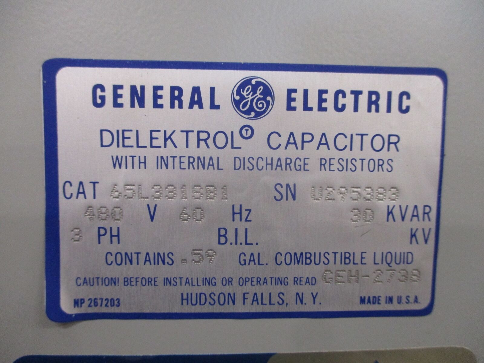 GE Dielek Trol Capacitor 65L331SB1 30kVAR 480V 60Hz 3Ph Used