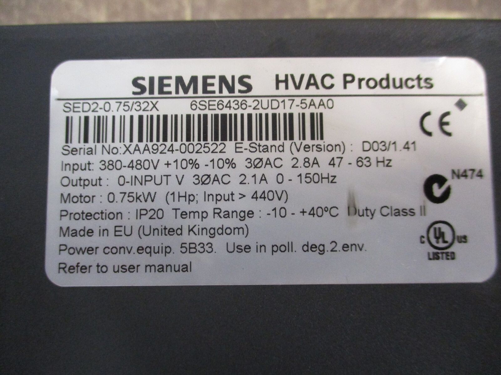 Siemens SED2-0.75/32X AC Drive 6SE6436-2UD17-5AA0 1HP 3Ph Used