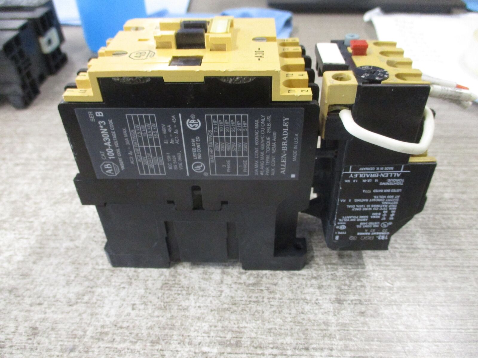 Allen-Bradley Starter 100-A30N*3 / 193-BSC 32 120V Coil Trip: 22-32A 600V Used