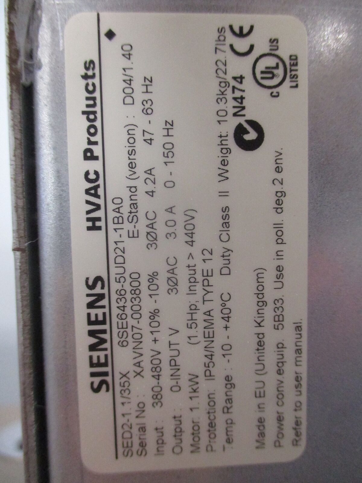 Siemens SED2-1.1/35X AC Drive 6SE6436-5UD21-1BA0 1.5HP 3Ph Input: 380-480V+10%-1