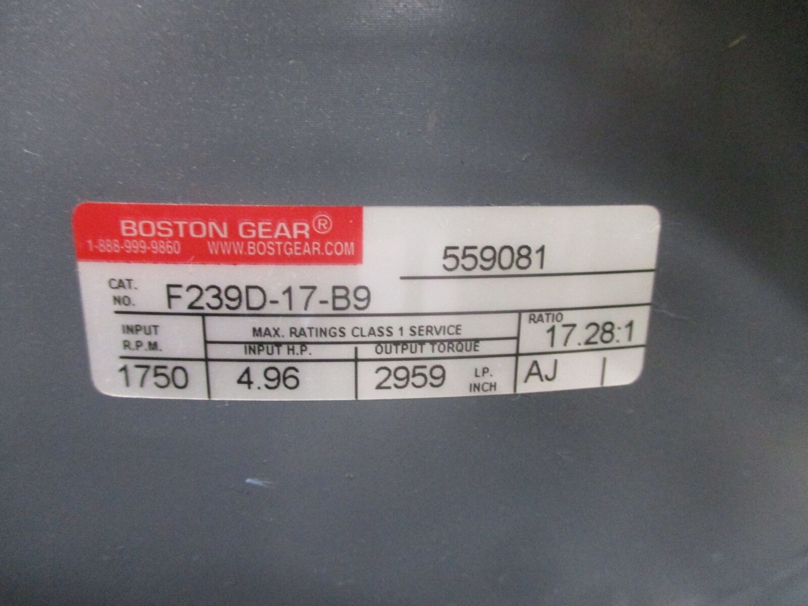 Boston Gear Helical Reducer F239D-17-B9 1750 RPM In Ratio 17.28:1 4.96HP 2959LP