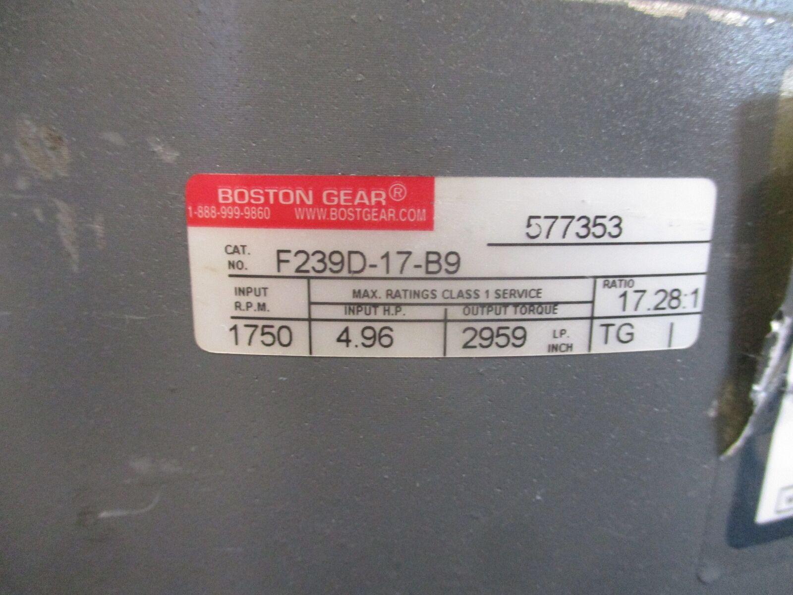 Boston Gear Helical Reducer F239D-17-B9 Ratio 17.28:1 1750 RPM In 4.96HP 2959 LP