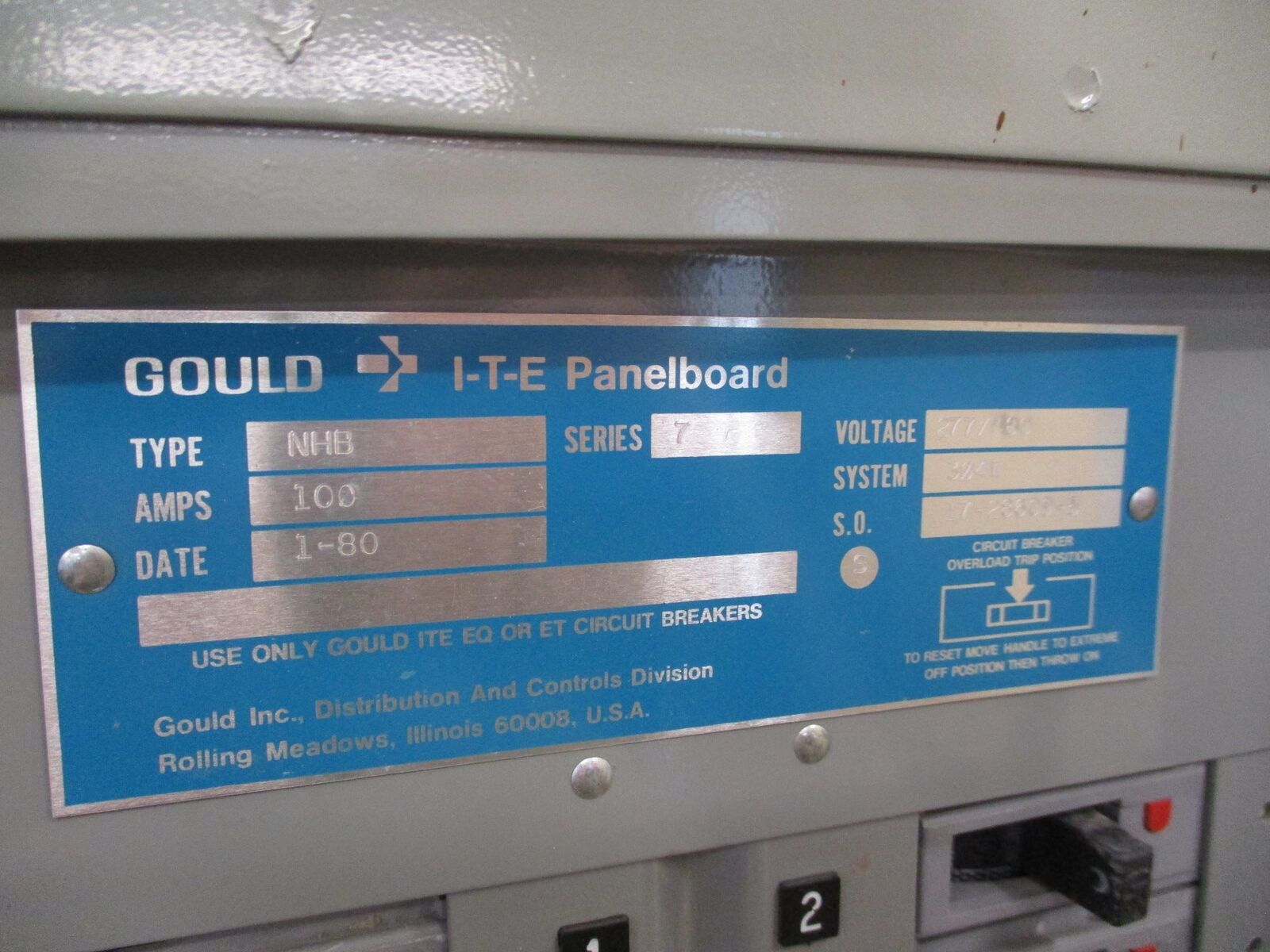 ITE Main Lug Breaker Panel NHB 100A Max 277/480V 3Ph 4W Used