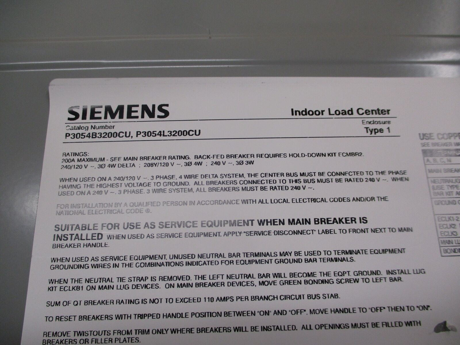 Siemens Main Breaker Circuit Breaker Panel P3054B3200CU / P3054L3200CU 200A Max