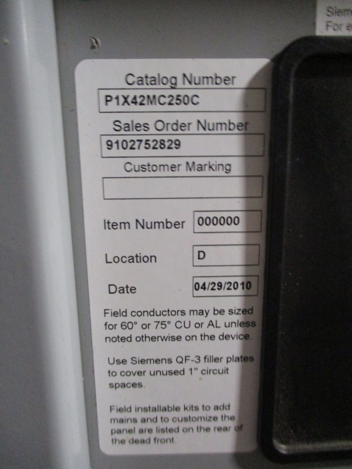 Siemens Lug Circuit Breaker Panel P1X42MC250C 250A Max 208/120V 3Ph 4W 42-Slot