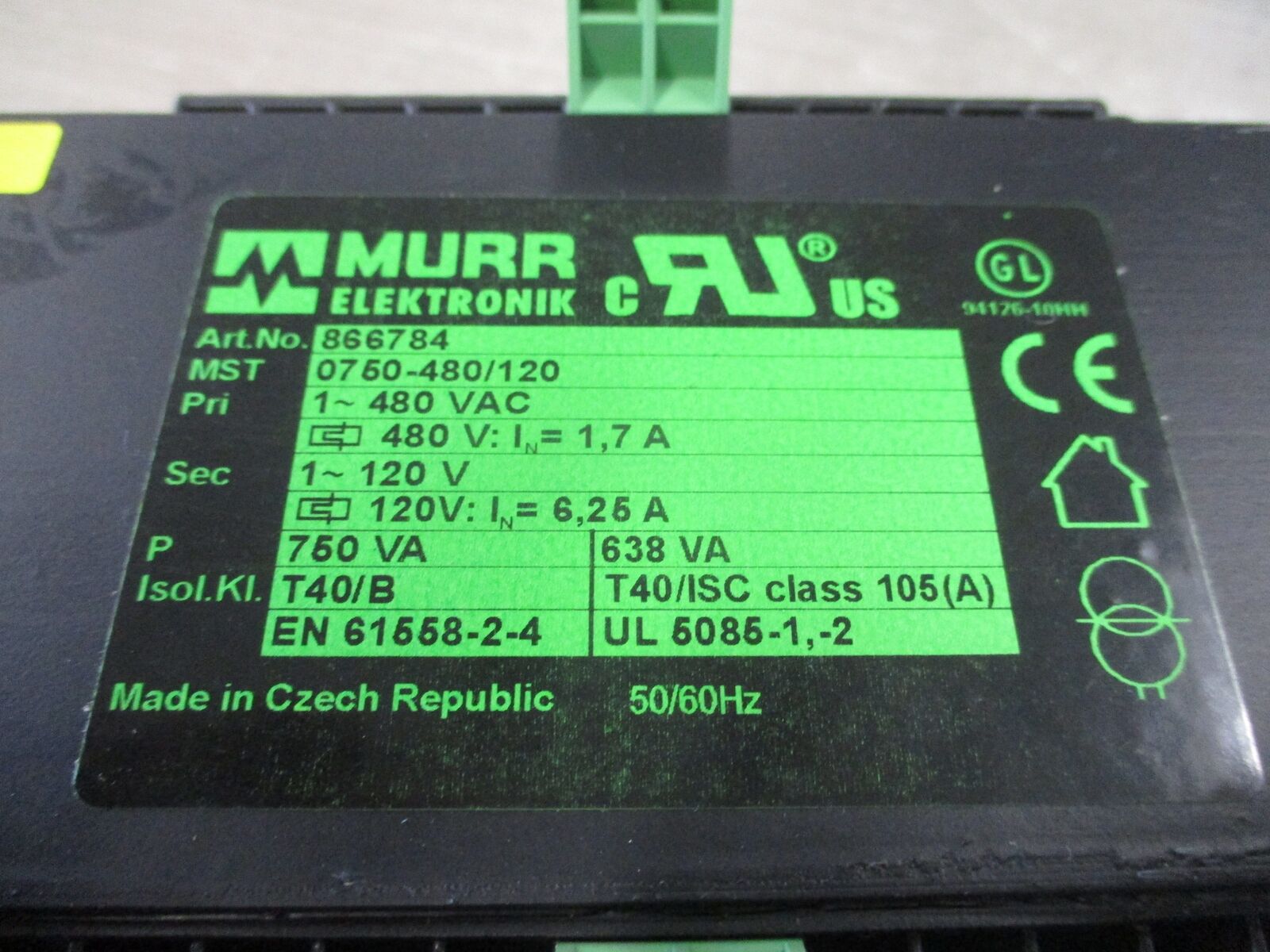 Murr Elektronik Transformer 866784 750VA Pri: 480V Sec: 120V 1Ph Used
