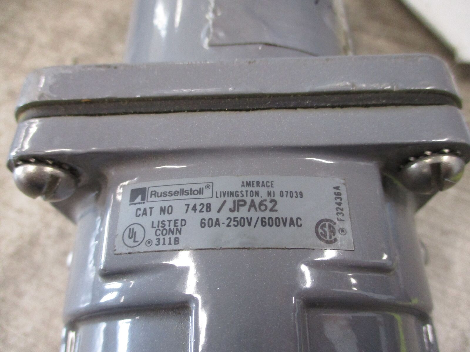 Russellstoll Receptacle w/Base 7428/JPA62 60A 600V Conduit End Used