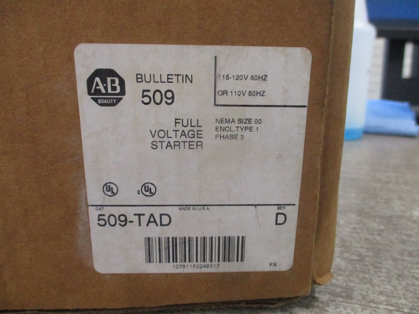Allen-Bradley Enclosed Size 00 Starter 509-TAD Ser. D 115-120V Coil 3Ph Type 1 E