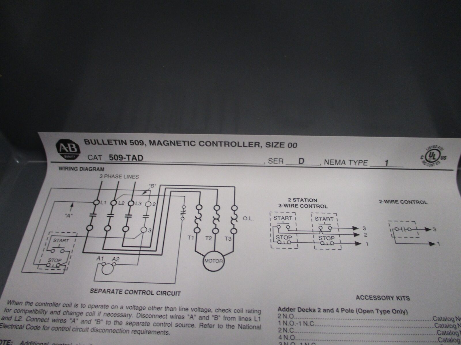 Allen-Bradley Enclosed Size 00 Starter 509-TAD Ser. D 115-120V Coil 3Ph Type 1 E