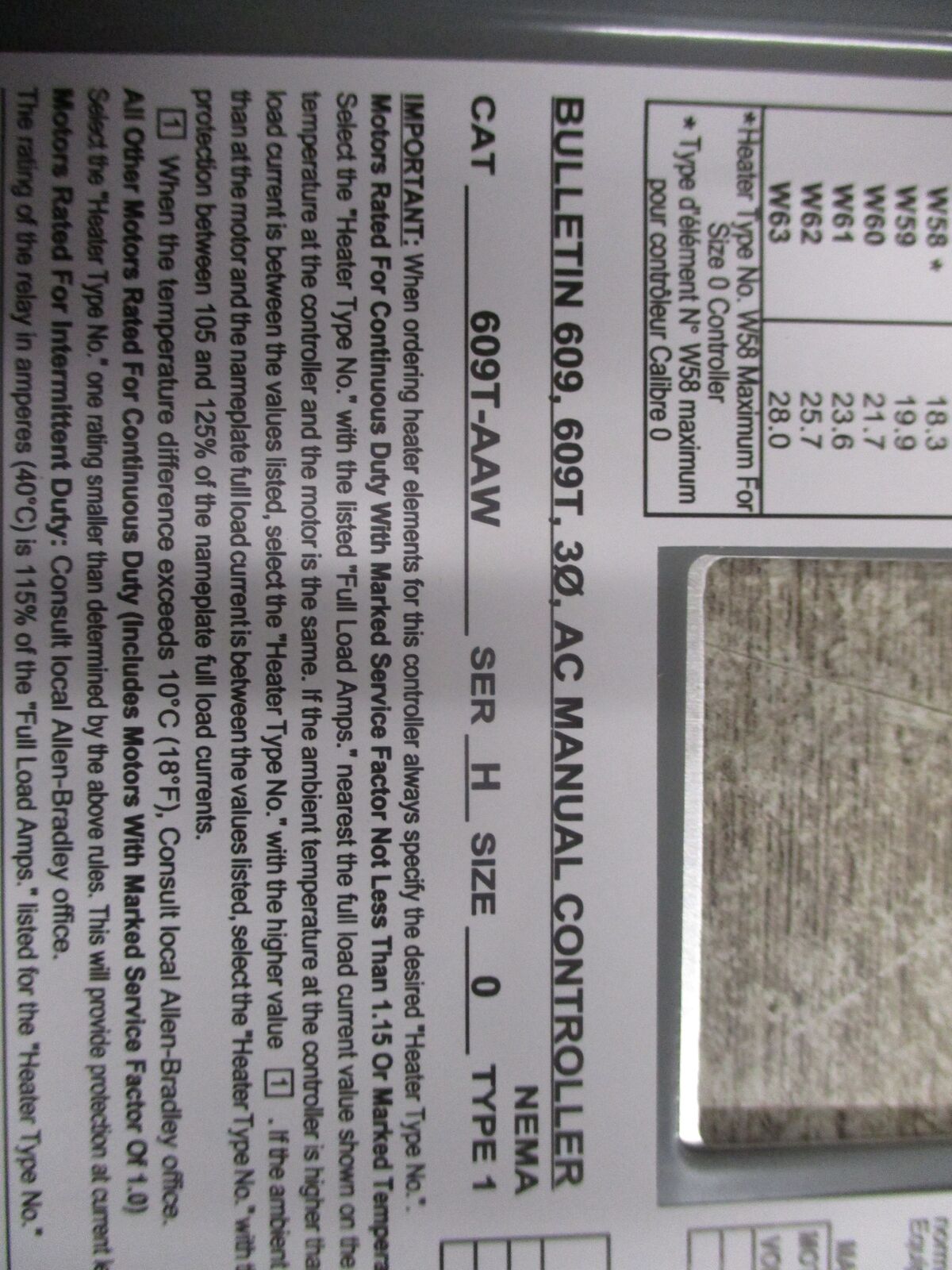 Allen-Bradley Enclosed Size 0 Manual Starter 609T-AWW Ser. H 3Ph Type 1 Enclosur