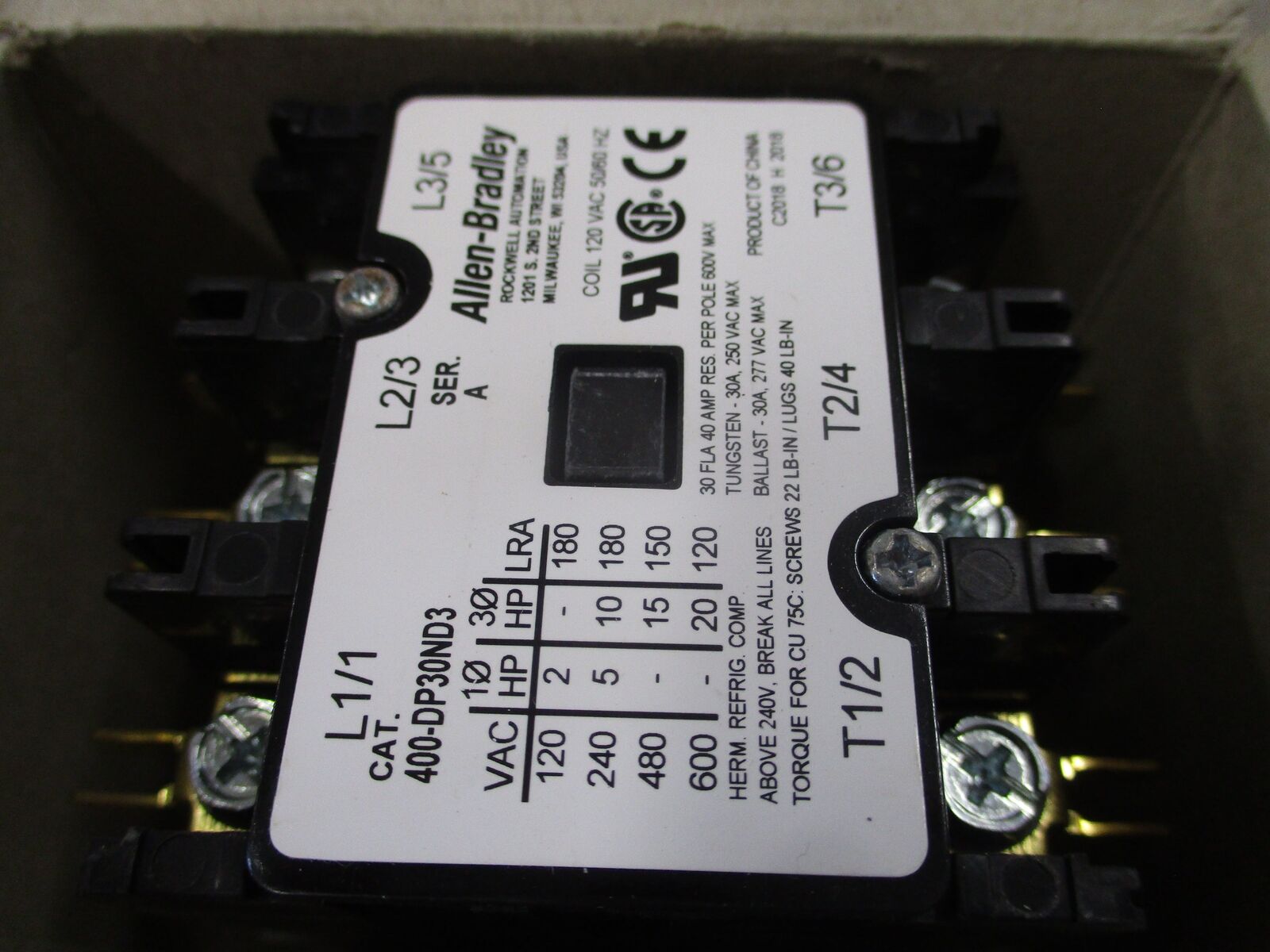 Allen-Bradley Definite Purpose Contactor 400-DP30ND3 Ser. A 120V coil 30A 3P New