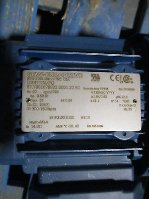 Sew-Eurodrive Gearmotor KA47/T R37 DRS71S4 0.50HP 8.6RPM Output 230/460V 3Ph 60H
