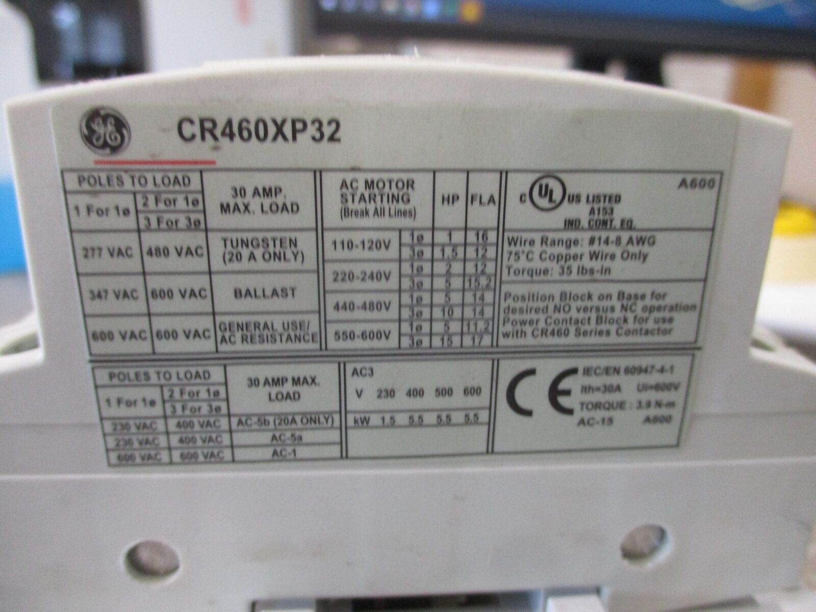 GE Lighting Contactor CR460B 115-120V Coil (3) Power Pole Used