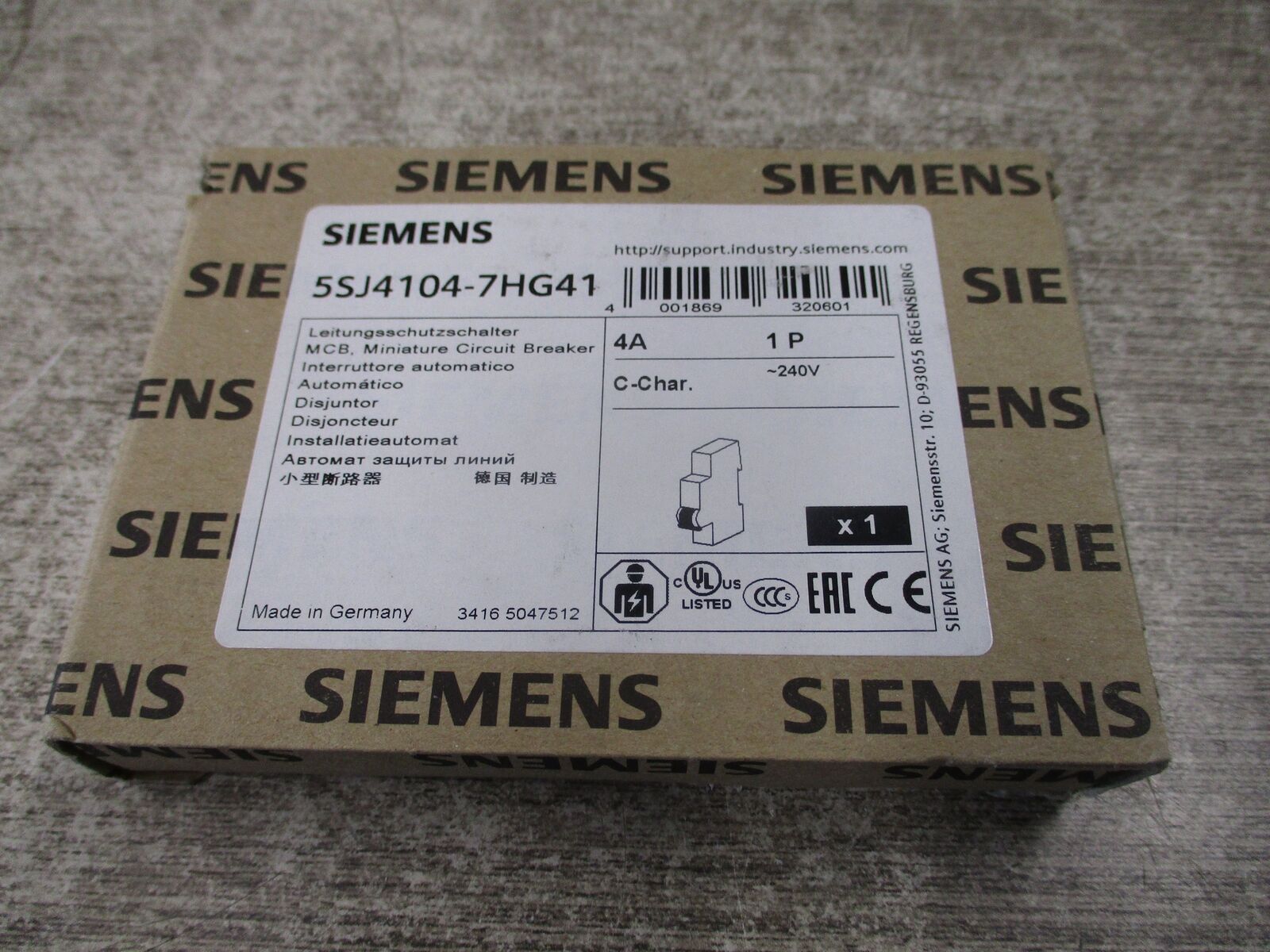 Siemens Circuit Breaker 5SJ4104-7HG41 4A 240V 1P New Surplus