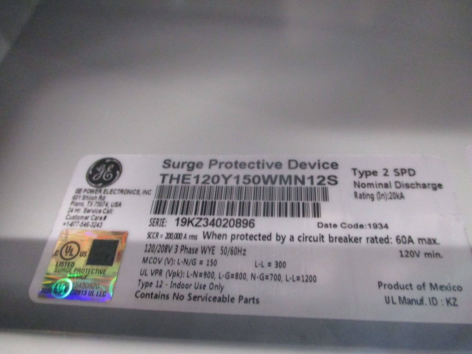 GE Surge Protective Device THE120Y150WMN12S 120/208V 3Ph 50/60Hz MCOV: L-N/G 150