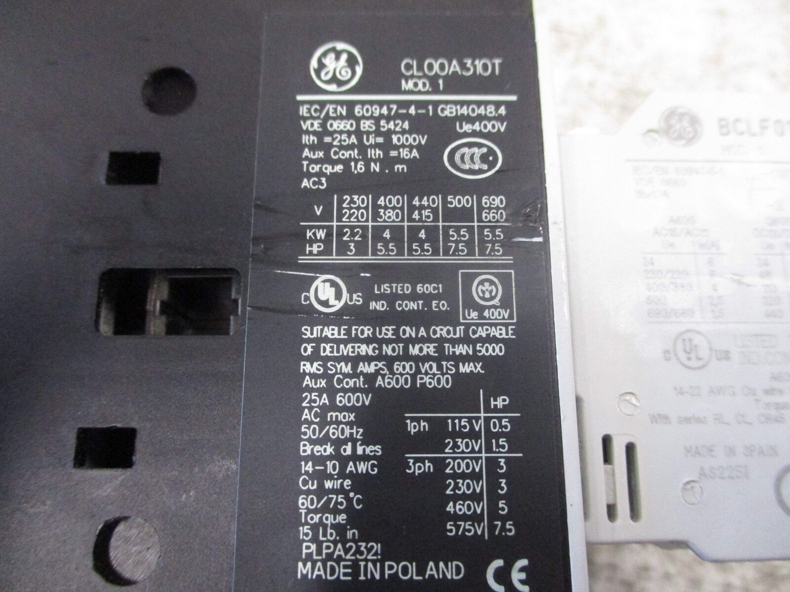 GE Contactor CL00A310T 120V Coil 25A 600V (2) Aux Contacts Used