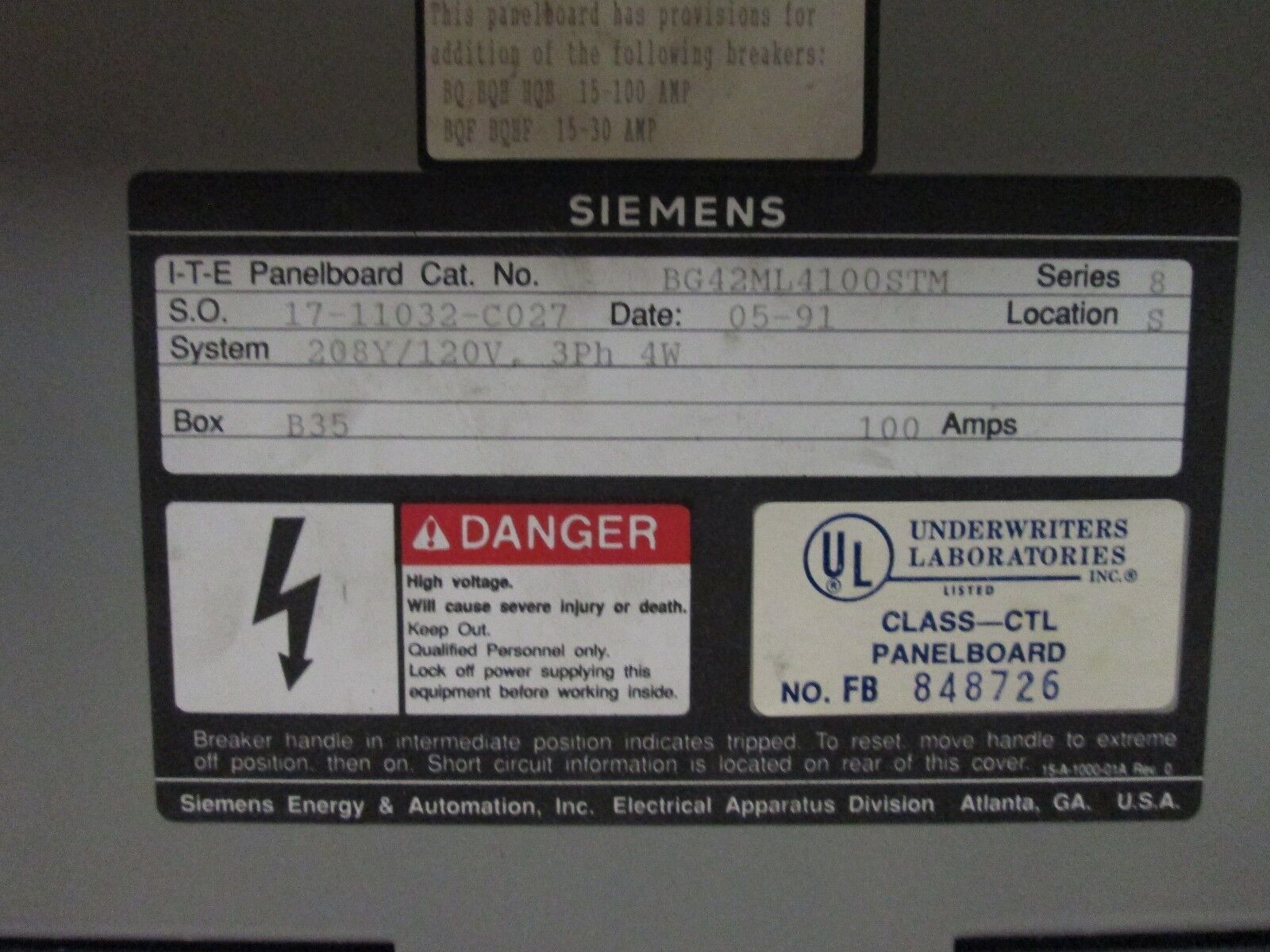 Siemens Main Lug Circuit Breaker Panel BG42ML4100STM 208Y/120V 100A 3Ph 4W Used