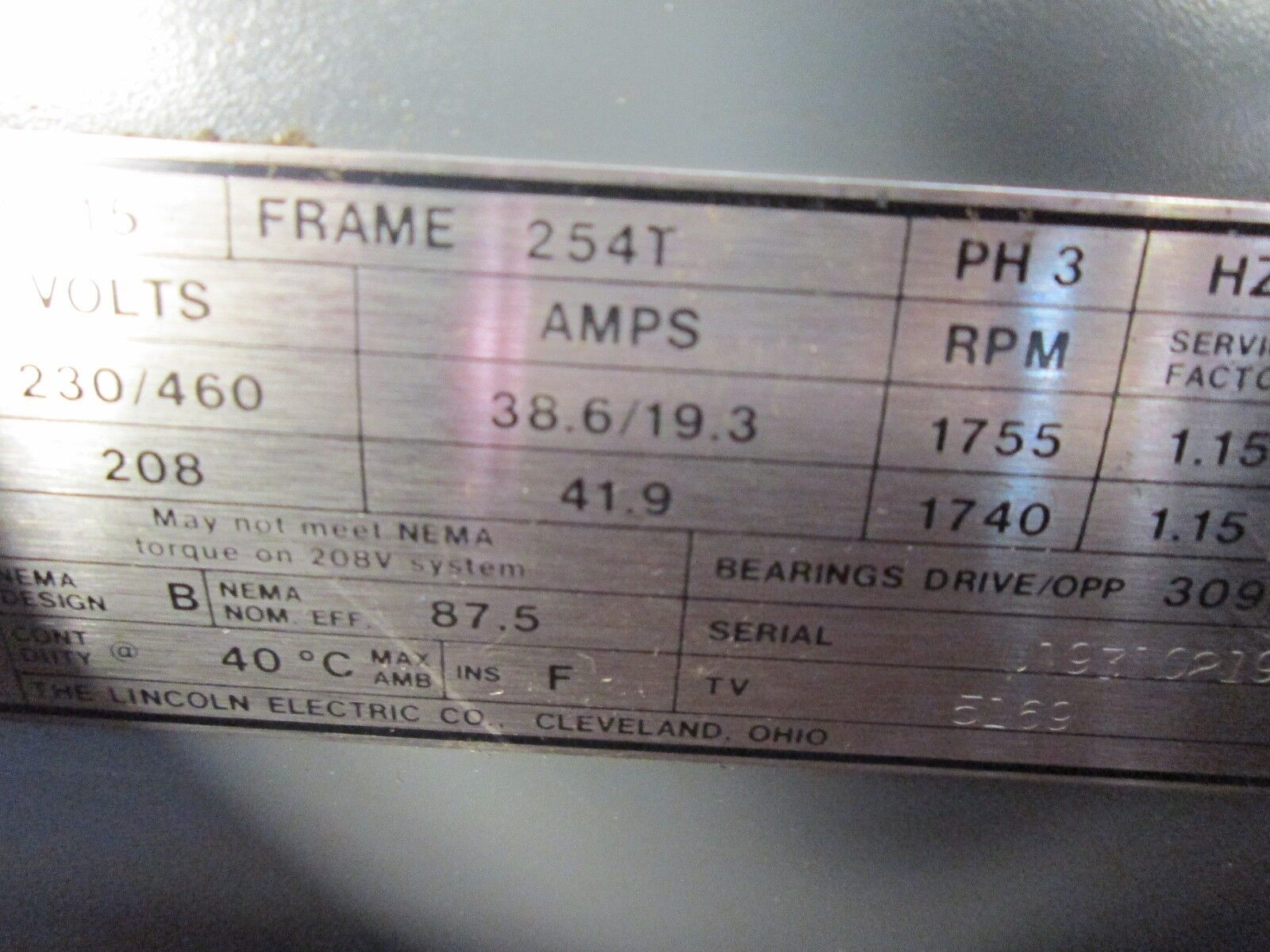 Lincoln Electrical AC Motor TV5169 15 HP 1800 RPM ODP Enclosure 3 PH 230/460 V