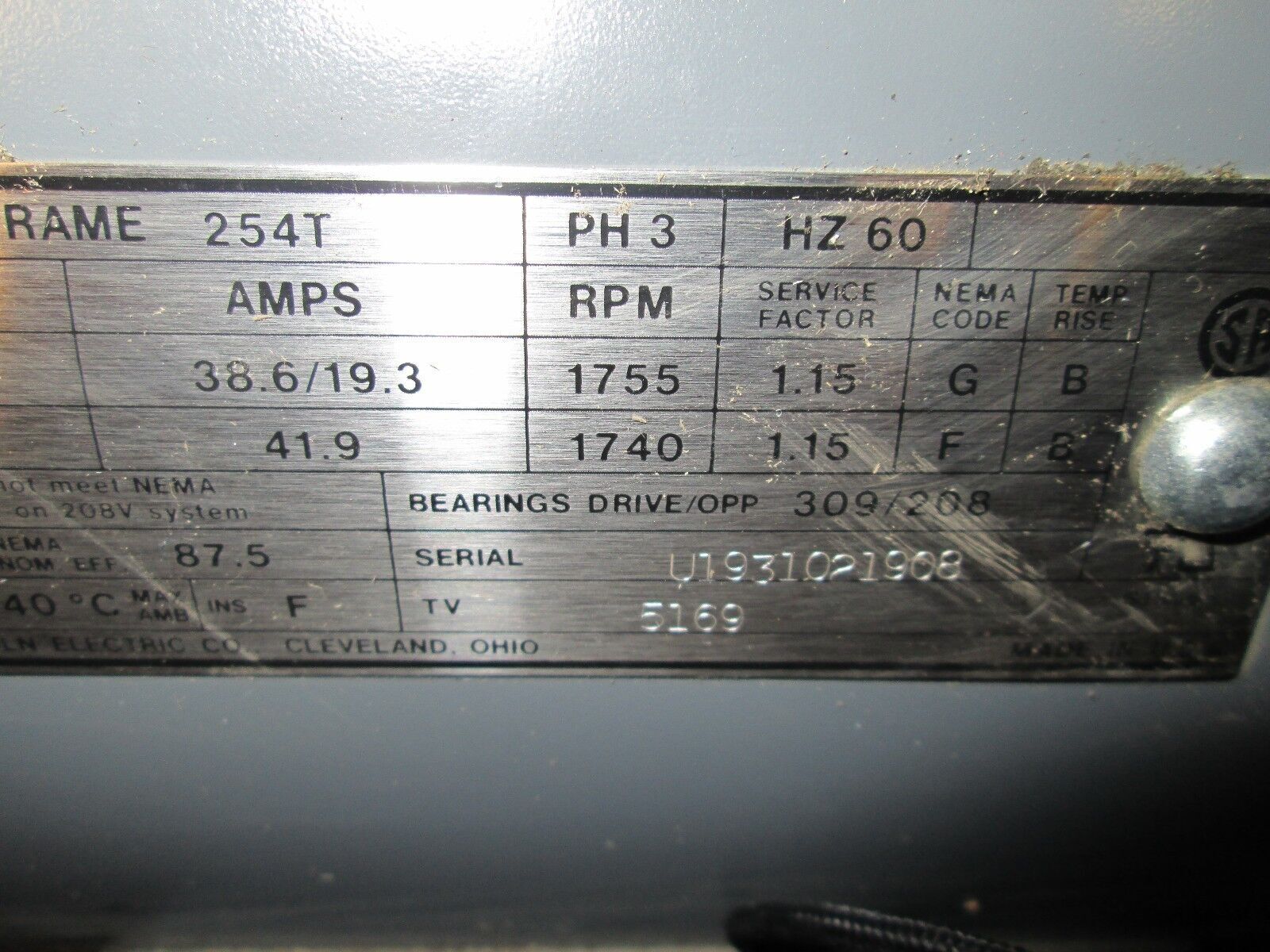 Lincoln Electrical AC Motor TV5169 15 HP 1800 RPM ODP Enclosure 3 PH 230/460 V