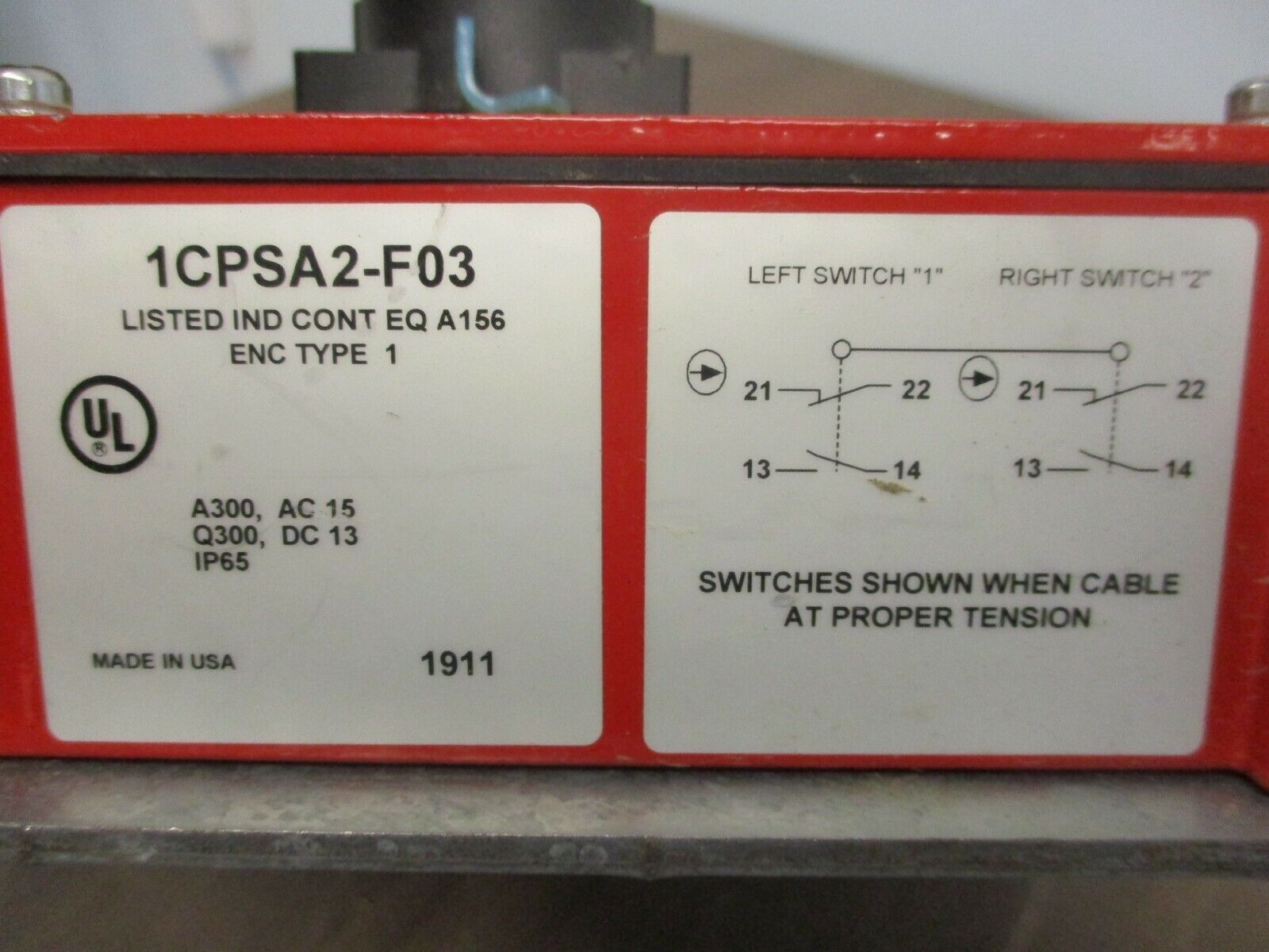 Honeywell Micro Switch Cable Pull Switch 1CPSA2-F03 w/Mounting Plate Type 1 Encl