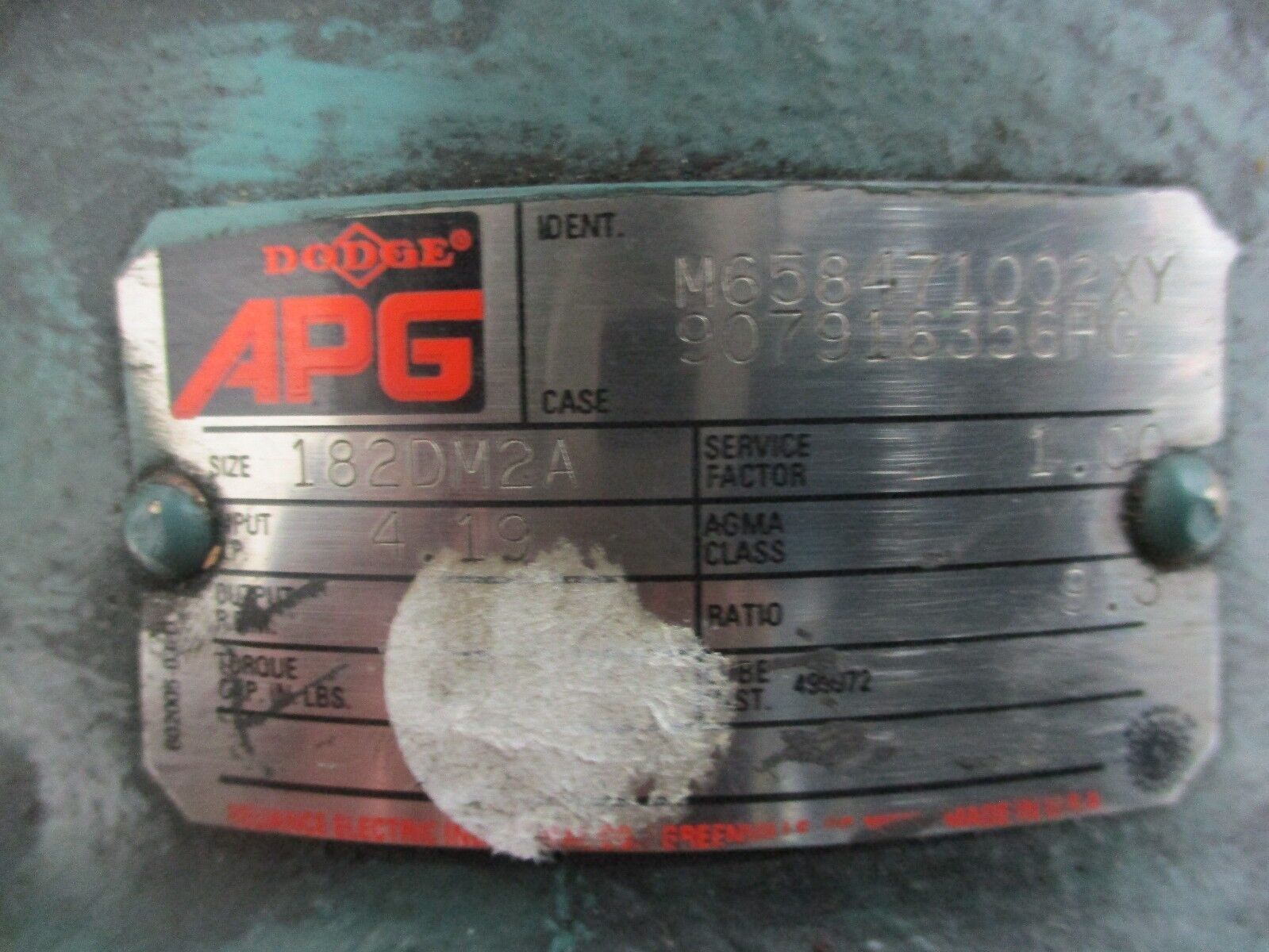 Dodge APG Gear M658471002XY Size: 182DM2A Input HP: 4.19 Ratio: 9.3 Used