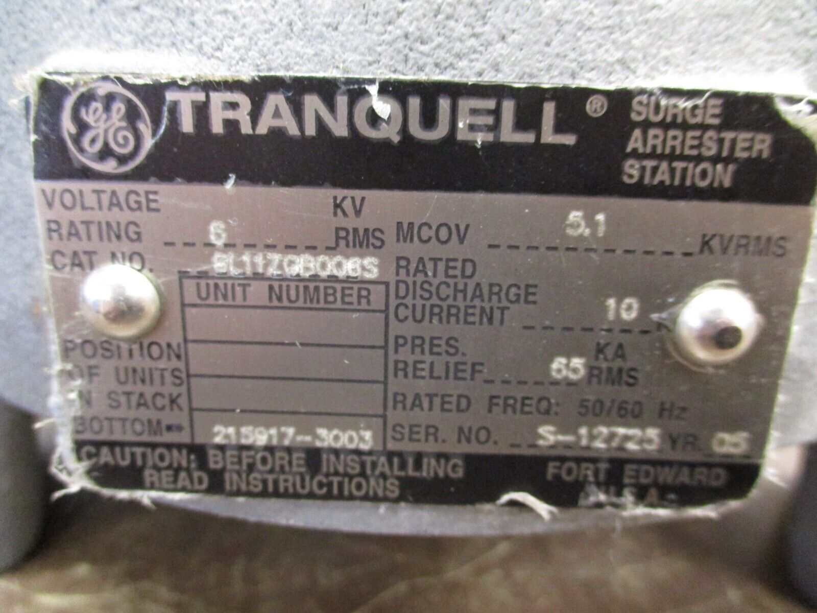 GE Tranquell Surge Arrester Station 9L11ZGB006S 6kV 50/60Hz Used