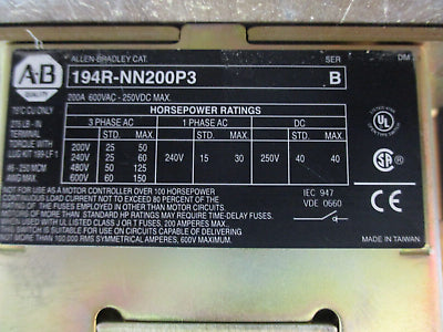Allen-Bradley Fusible Disconnect Switch 194R-NN200P3 Ser. B 200A 600V 3P Used