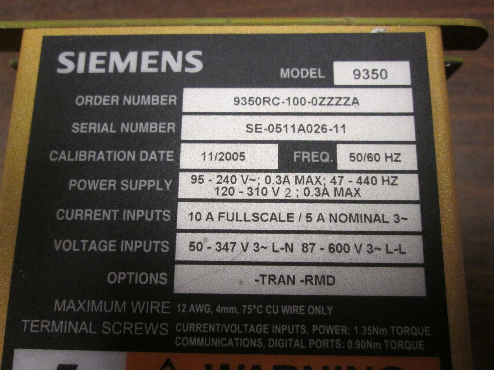 Siemens 9350 ION Meter 9350RC-100-0ZZZZA 95-240V 0.3A 47-440Hz Used