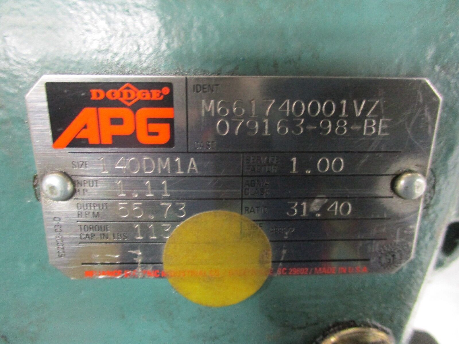 Dodge APG Gear M661740001VZ Size:140DM1A 1.11HP In 55.73RPM Out Ratio:31.40 Used
