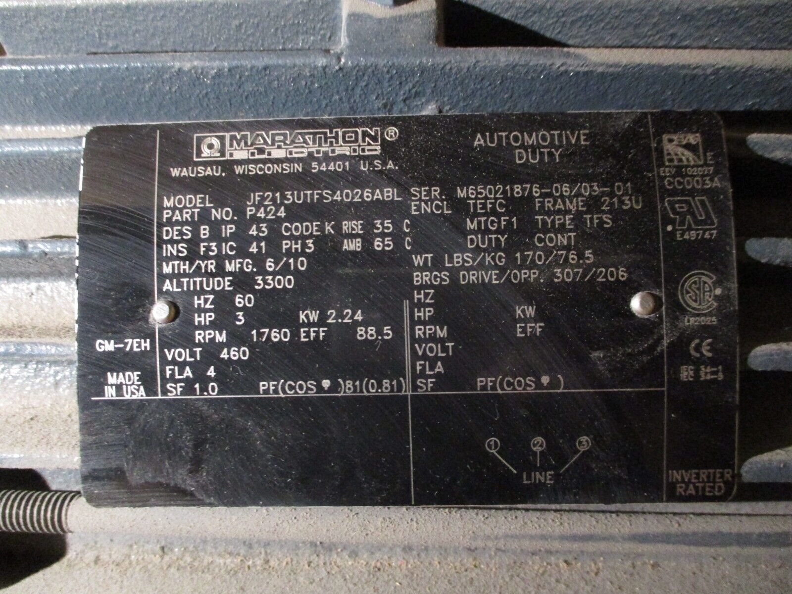 Marathon Motor P424 3HP 1800RPM 460V 4A New Surplus