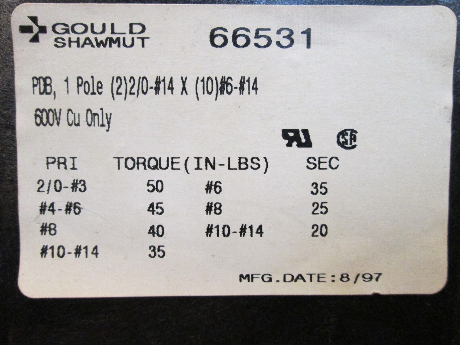 Ferraz Shawmut/Gould Terminal Block 66531 Line:(2) 2/0-#14 Load:(10) #6-#14 Used