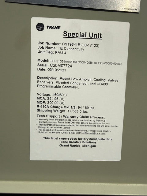 Trane Intellipak II Rooftop Unit SFHJ1054AA 105 Ton Nat Gas MFD 2020