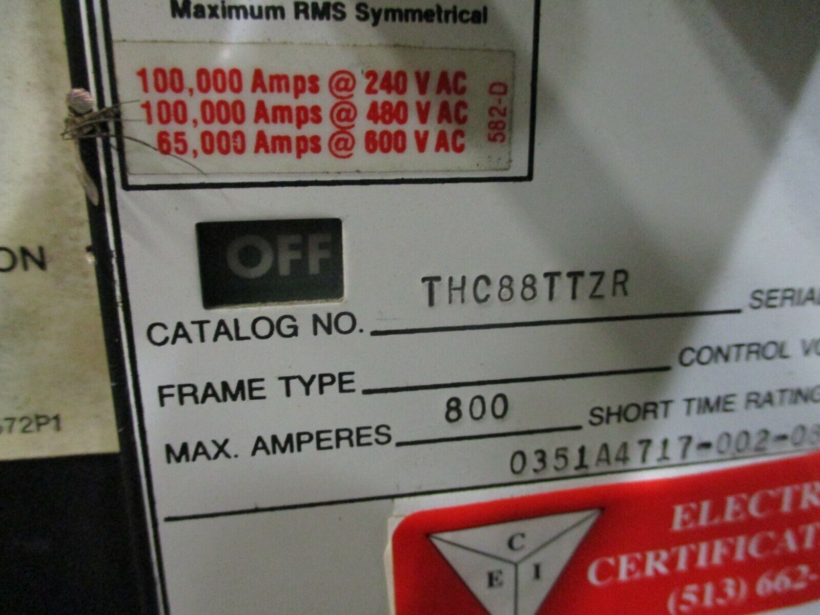 GE Power Break Circuit Breaker THC88TTZR 800A Rating Plug w/ Trip Used