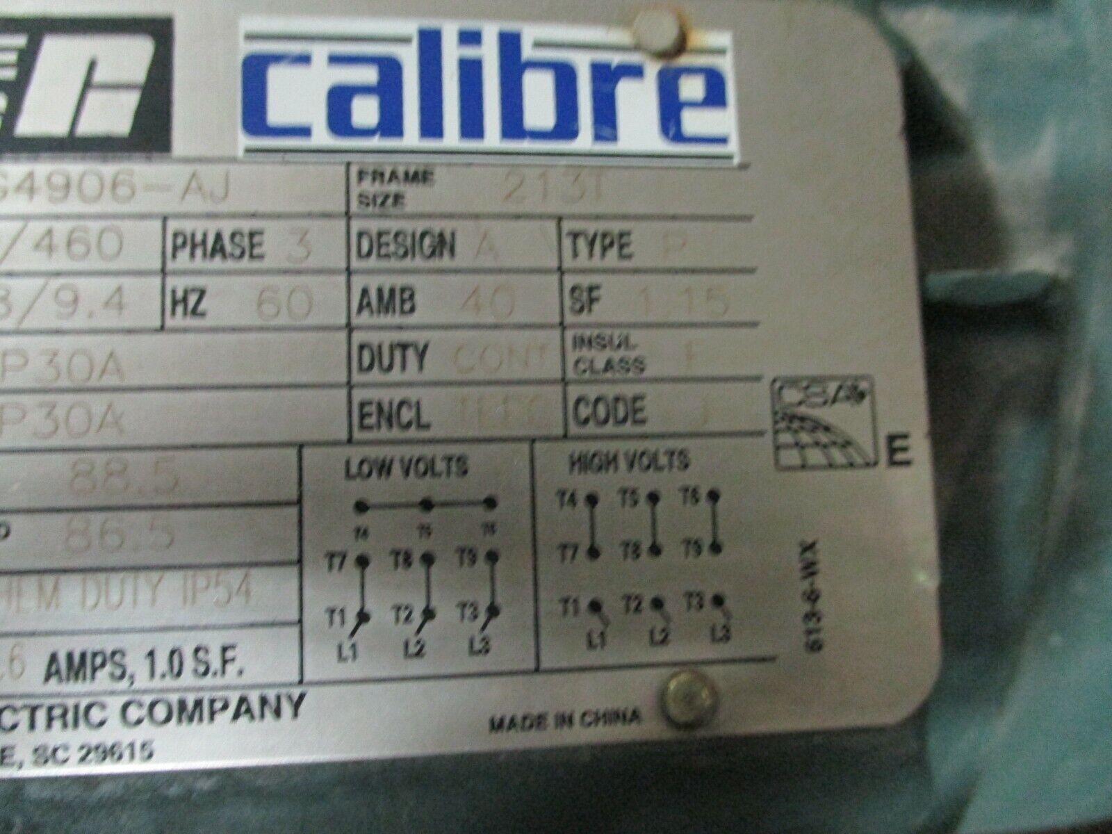 Reliance Calibre Chem Duty AC Motor P21G4906-AJ 7.5HP 3600RPM 230/460V 3Ph Used